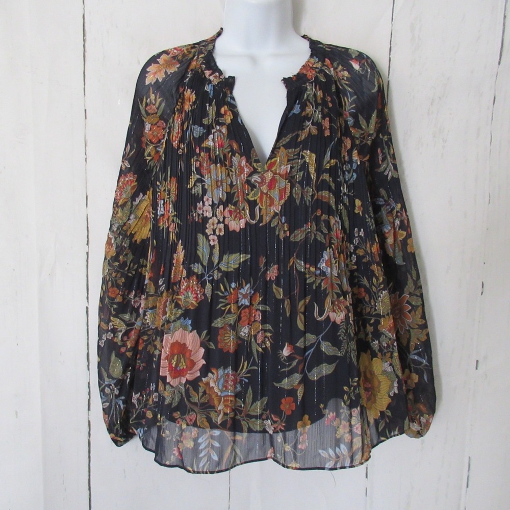 Anthropologie Current Air Top M Blue Floral Metallic Pintuck Long Sleeve Boho‎